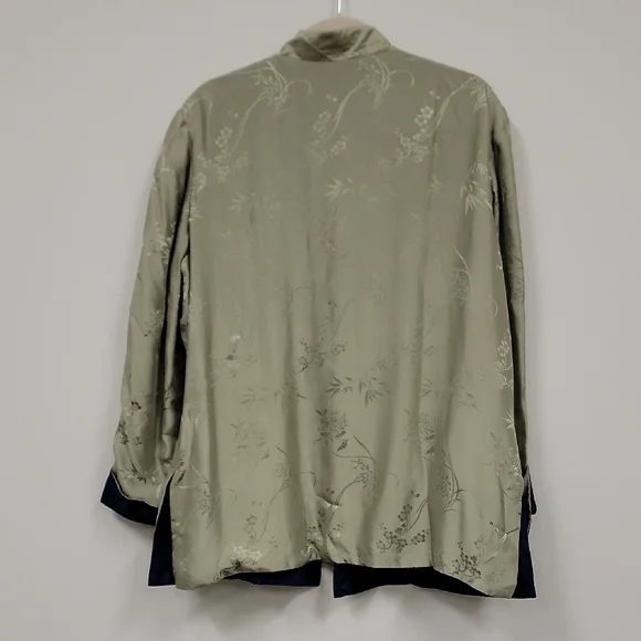 Reversible Asian Inspired Jacket Sage Green Blue Frog Closure Mandarin Collar - Picture 2 of 10